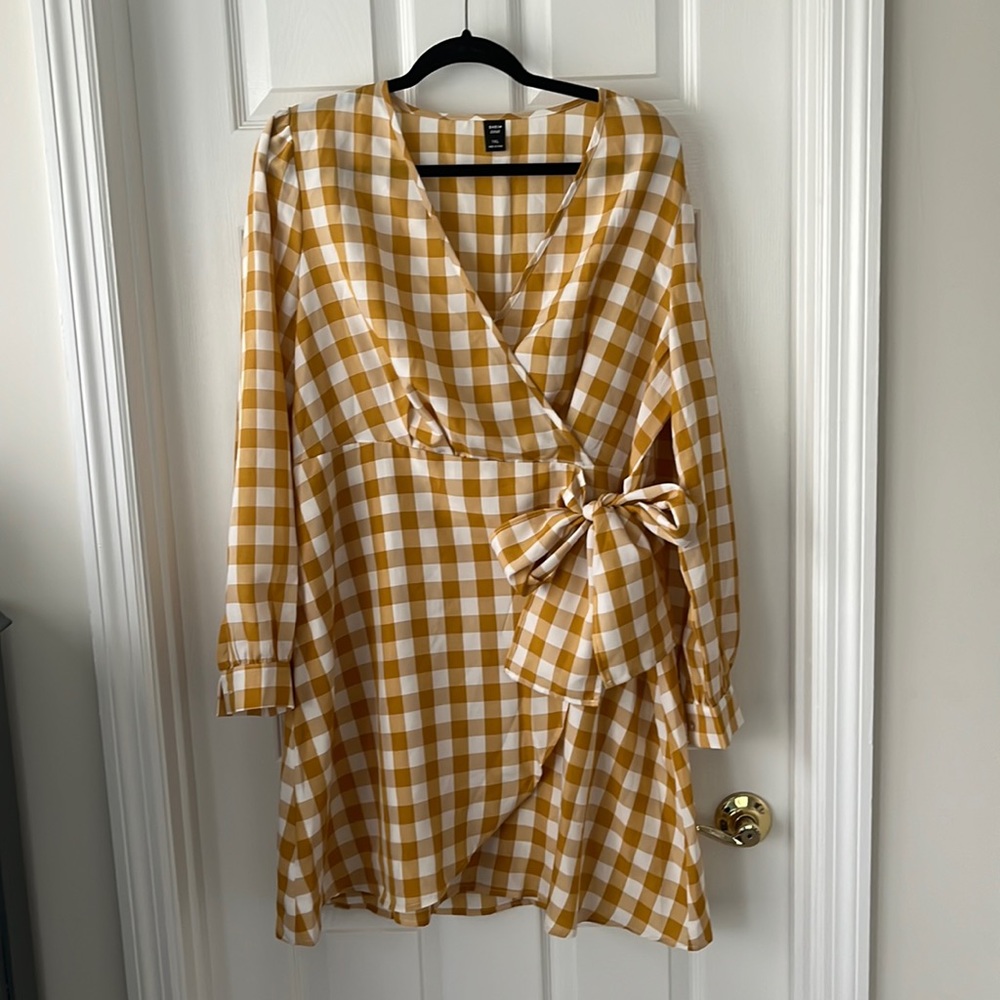 Shein Mustard Checkered Tie Front Dress